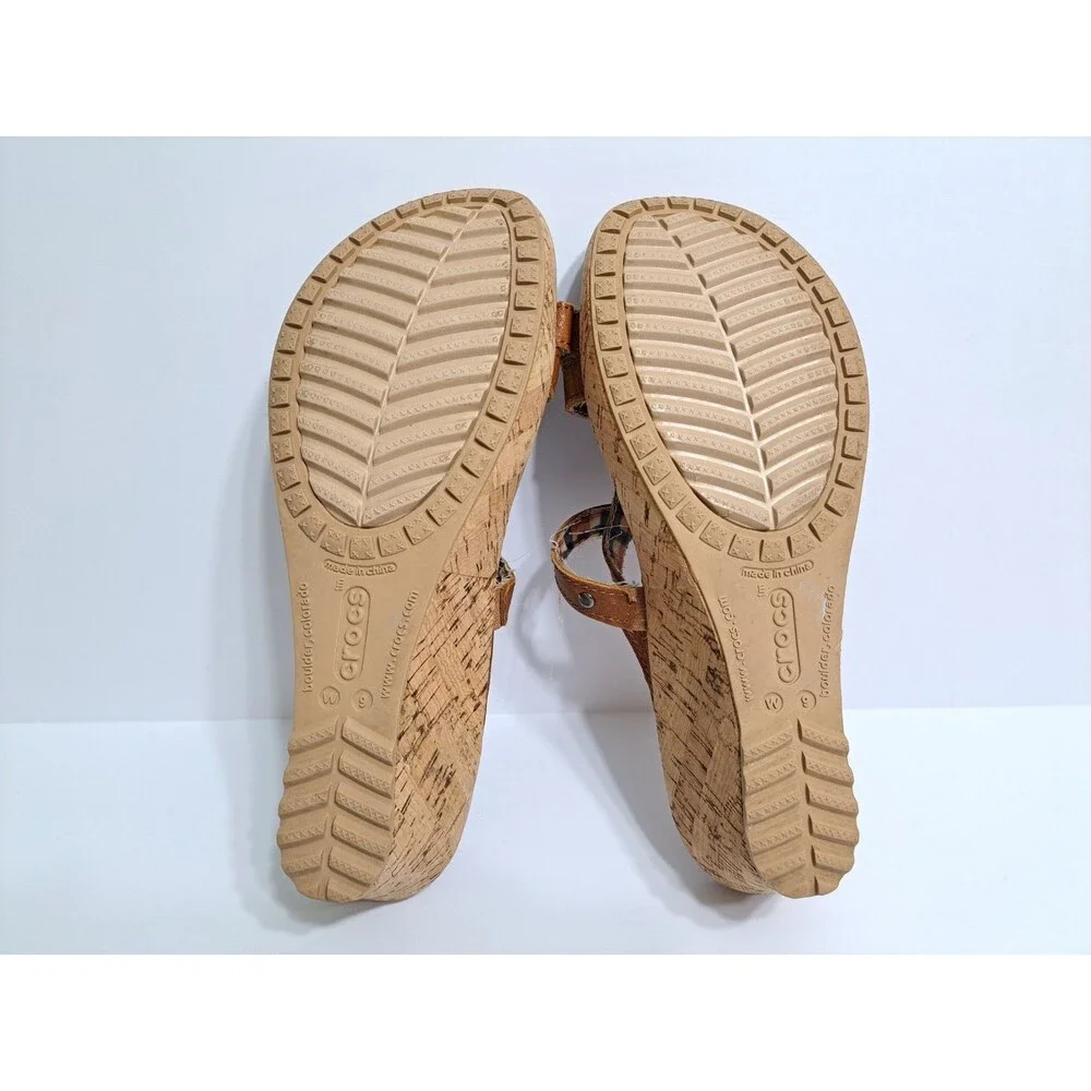 Crocs A-leigh Women's 9 Wedge Sandals Brown Leather Cork Strappy - Picture 9 of 10